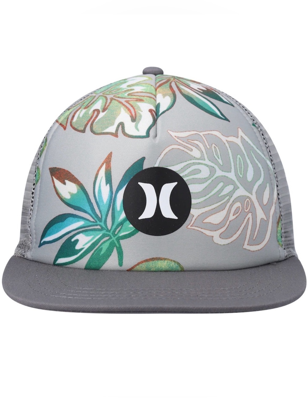 Hurley Light Gray Floral Trucker Hat with Teal Accents